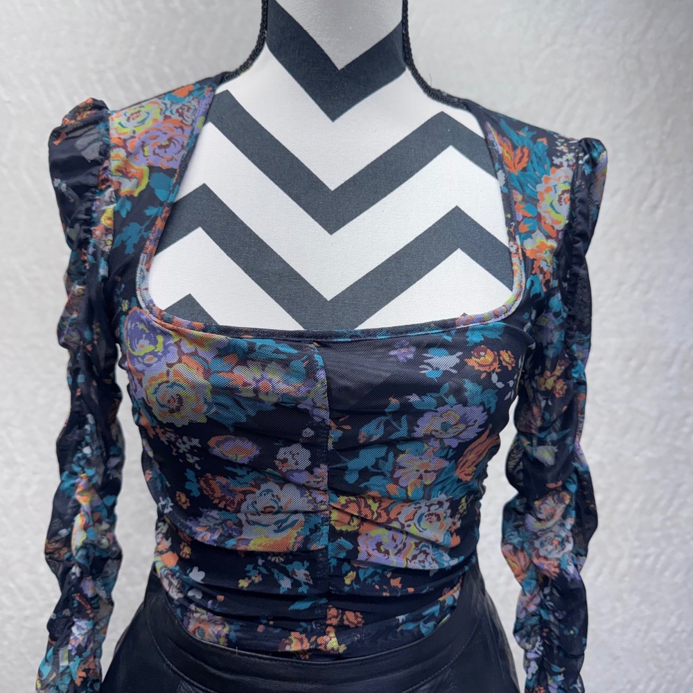 Anthropologie Floral Mesh Ruched Long Sleeve Top Black XS Square Neck